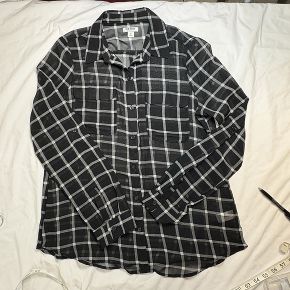Old Navy Sheer Windowpane Blouse Black White Grid Plaid 90s Office Siren Med - Picture 4 of 8